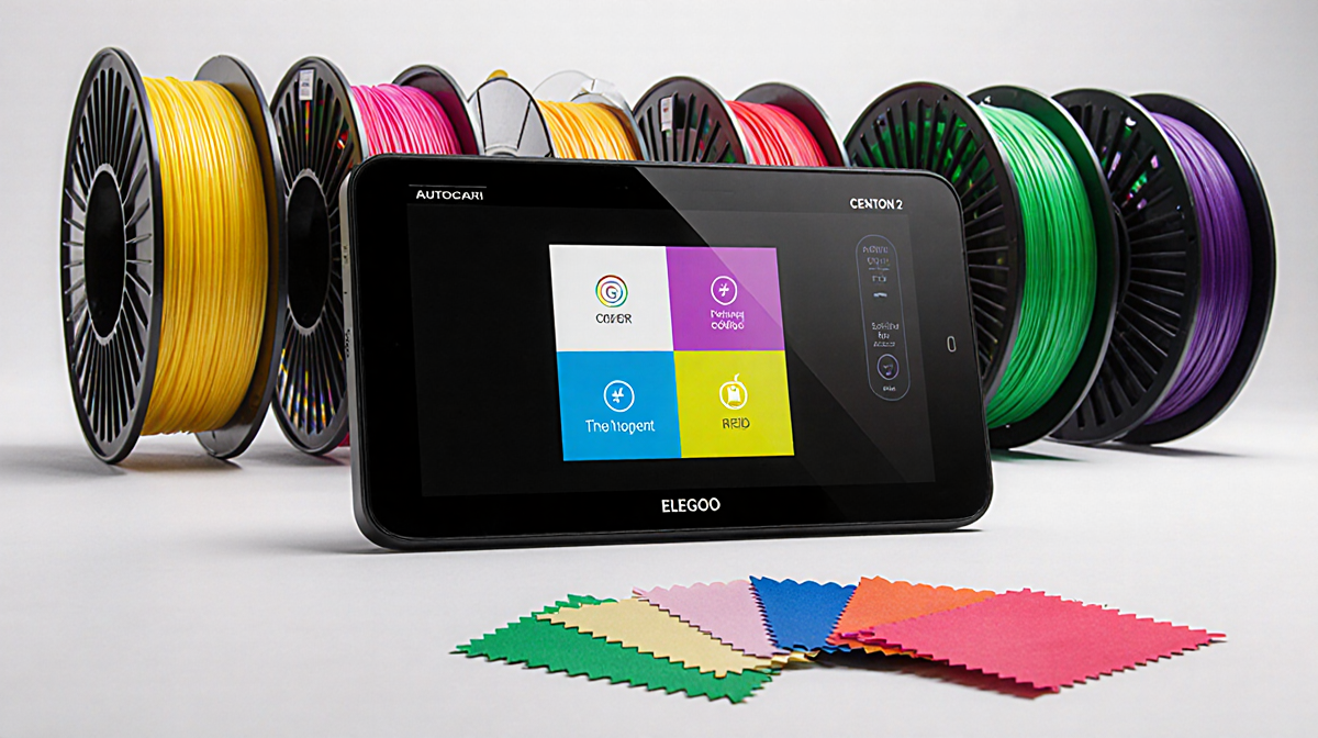 Eleggo Centauri 2 touchscreen showing 4-color printing with filament spools in background and grid indicating auto-refill