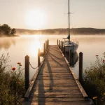 Wooden boat ramp leading to a docked sailboat with misty lake surface and dawn light