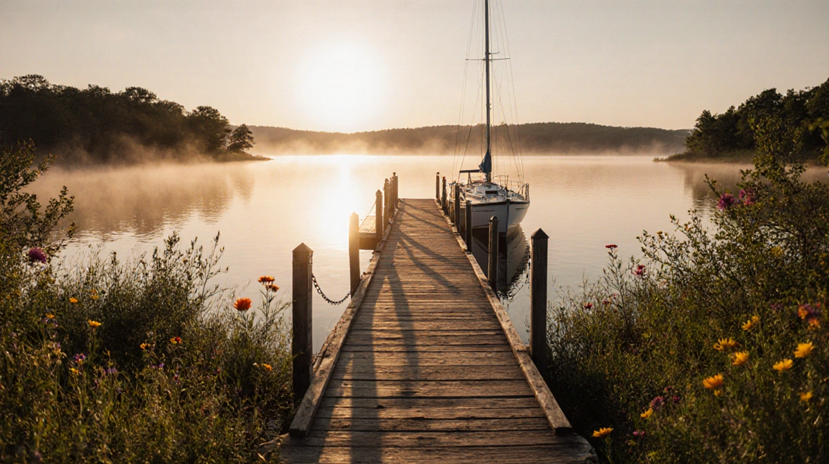 Wooden boat ramp leading to a docked sailboat with misty lake surface and dawn light