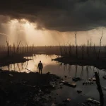 Lone figure standing at storm‑ravaged lake edge with charred trees and flashing lightning sky