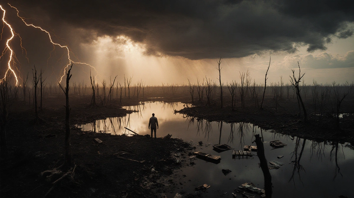 Lone figure standing at storm‑ravaged lake edge with charred trees and flashing lightning sky
