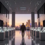 Person walking toward camera with CES 2026 hall lights spilling from windows and neon reflections on futuristic gadgets