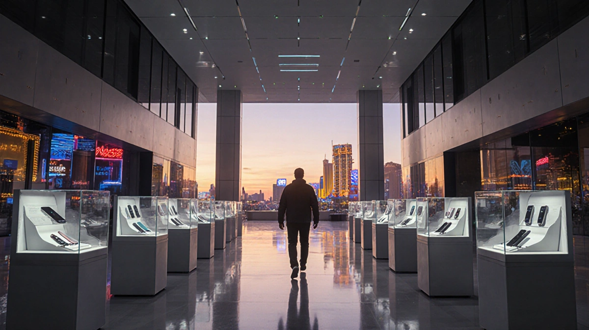 Person walking toward camera with CES 2026 hall lights spilling from windows and neon reflections on futuristic gadgets