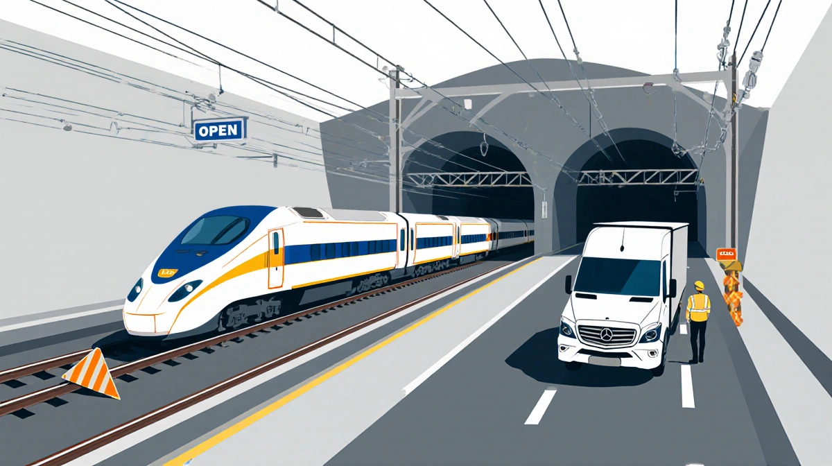 Eurostar train stranded with maintenance workers inspecting overhead power lines in a disrupted tunnel