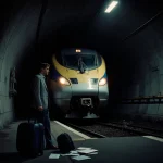 Frustrated passenger standing outside the dark tunnel entrance waiting for the stuck Eurostar train with scattered luggage.