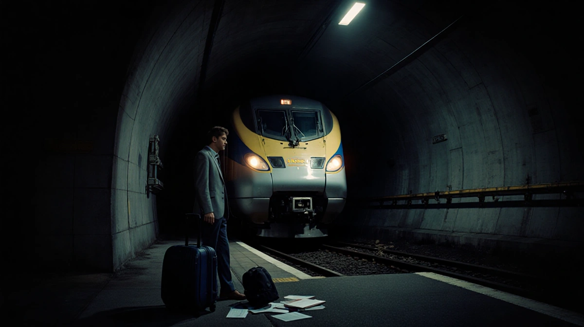 Frustrated passenger standing outside the dark tunnel entrance waiting for the stuck Eurostar train with scattered luggage.
