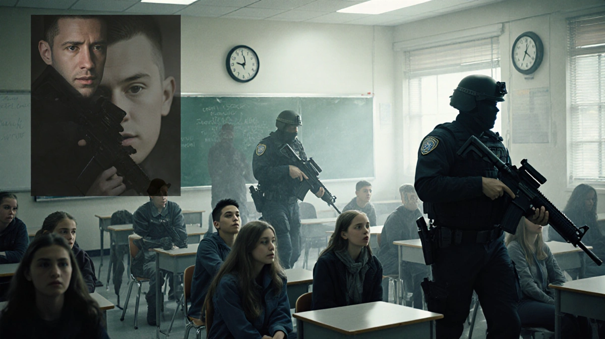 Tactical officers advancing through chaotic classroom with clock showing 77 minutes and frightened students behind them