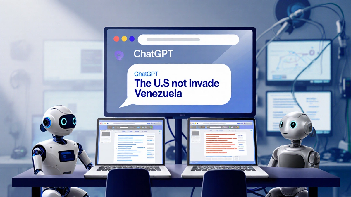 Four chatbots sit at a desk with laptops showing different answers with a blurred newsroom backdrop.