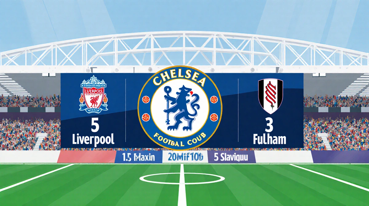 Infographic showing Chelsea Premier League standings in a stadium with 5th place 3 points behind Liverpool and ahead of Fulha