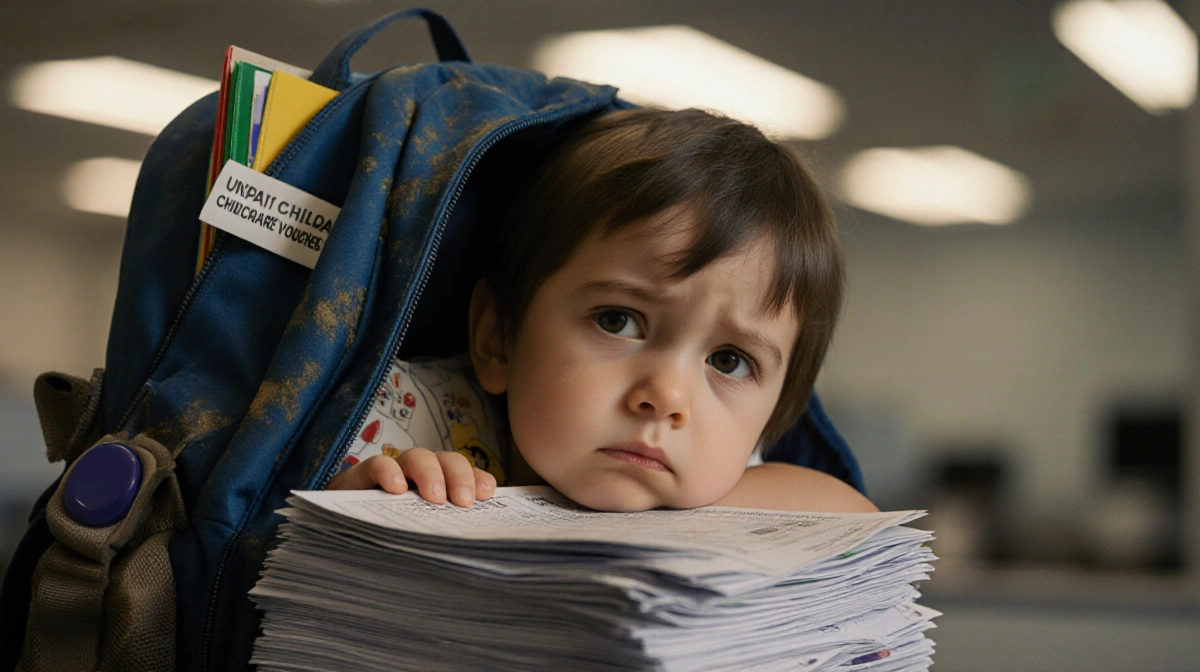 Child shows worried expression with worn backpack and unpaid vouchers below