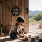 Child building blocks with a slightly ajar wooden door showing a subtle US seal and soft side light.