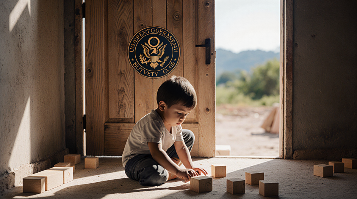 Child building blocks with a slightly ajar wooden door showing a subtle US seal and soft side light.