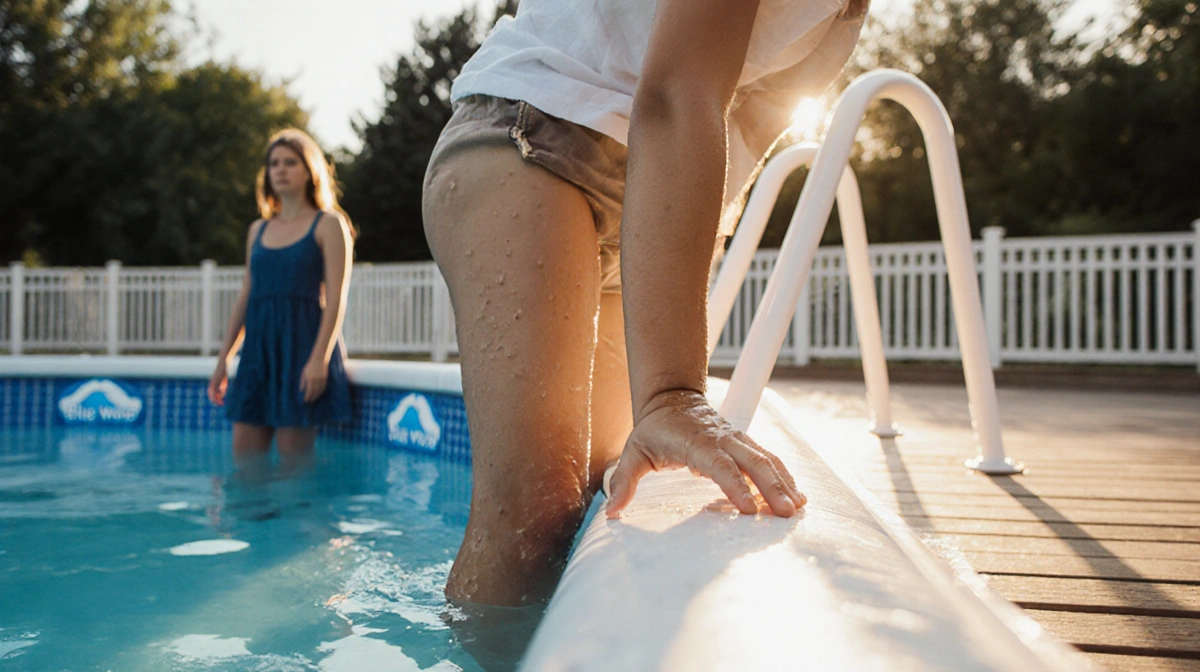 Child gripping pool railing with wet hand while adult looks down for drowning warning