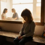 Child sits on worn bench with stacks of books and golden light pouring from window therapist gently supporting in background