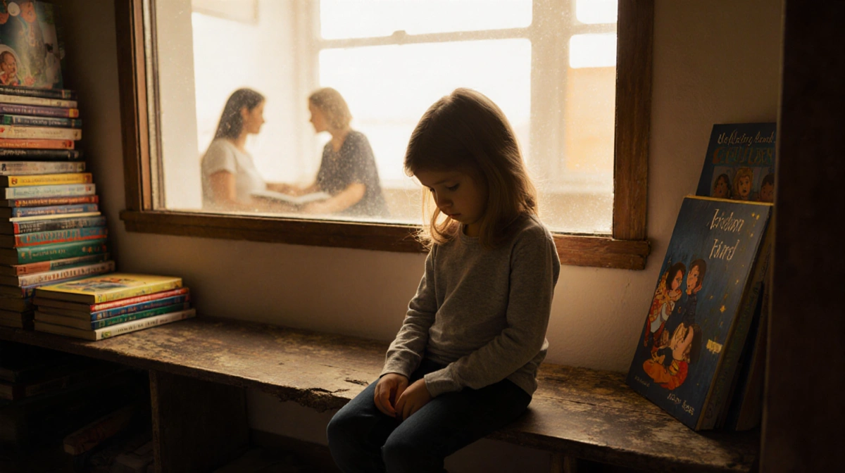 Child sits on worn bench with stacks of books and golden light pouring from window therapist gently supporting in background