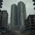 Crumbling skyscrapers looming over streets with flickering streetlights and cracked apartment complex in distance
