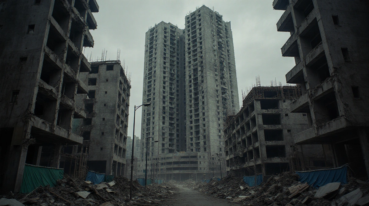 Crumbling skyscrapers looming over streets with flickering streetlights and cracked apartment complex in distance
