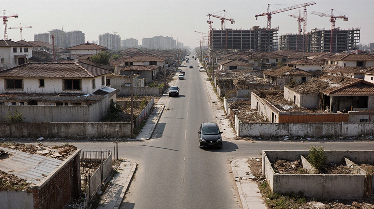 Abandoned homes lining a suburban street with empty plots and active construction sites