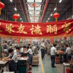 Worker assembling machinery parts with red lanterns and a golden banner celebrating Lunar New Year on a busy factory floor.