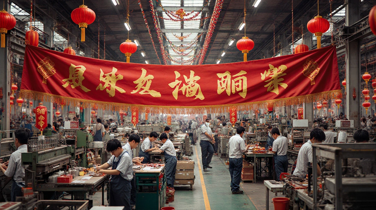Worker assembling machinery parts with red lanterns and a golden banner celebrating Lunar New Year on a busy factory floor.