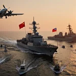 A Chinese warplane soars above a Type 055 destroyer with a sunset glow and a distant Taiwanese flag