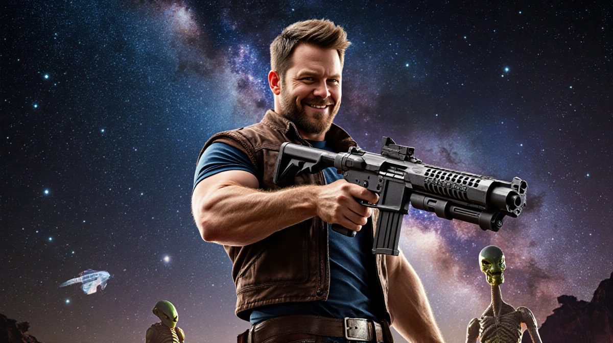 Chris Pratt stands heroically with Guardians blaster and cosmic galaxy backdrop