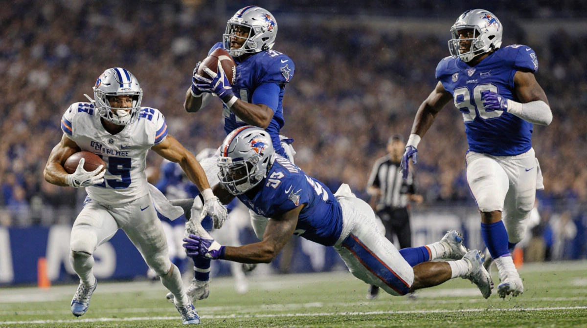 Christian Clark rushing forward with the football and Jack Endries leaping for the touchdown in a blurred stadium