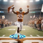 Christian Clark sprinting toward finish line with number 22 jersey and Citrus Bowl logo fans waving flags and lights overhead