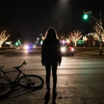 Ariana Deshae Williams standing at intersection with shattered bike and police spotlight under flickering city lights