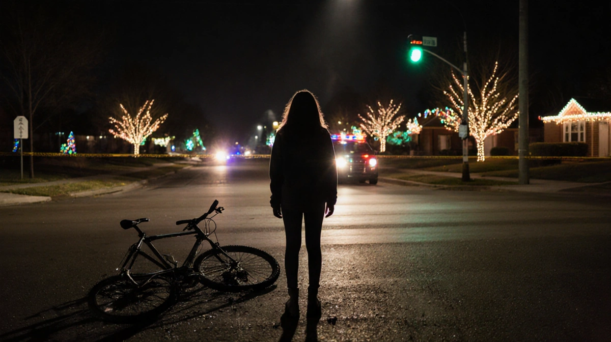 Ariana Deshae Williams standing at intersection with shattered bike and police spotlight under flickering city lights