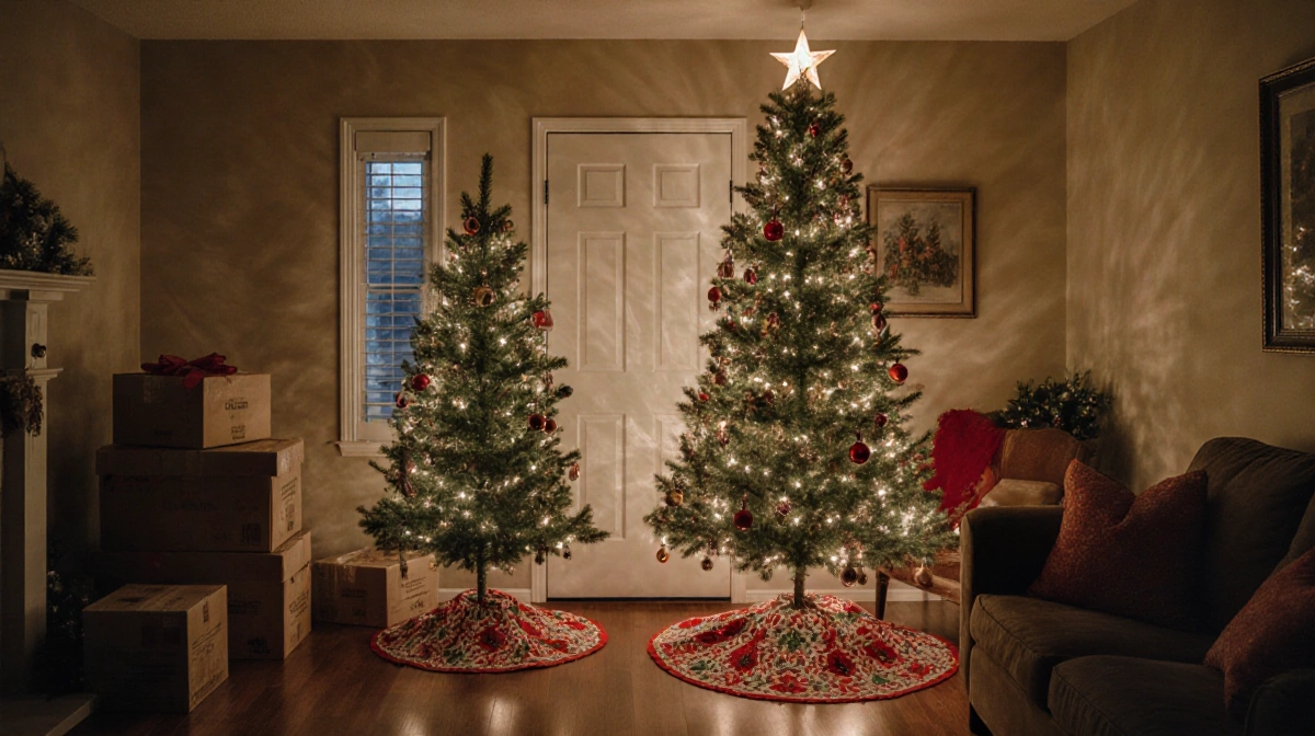 Two towering Christmas trees stand in front of a living room door with mismatched tree skirts and warm cozy lighting