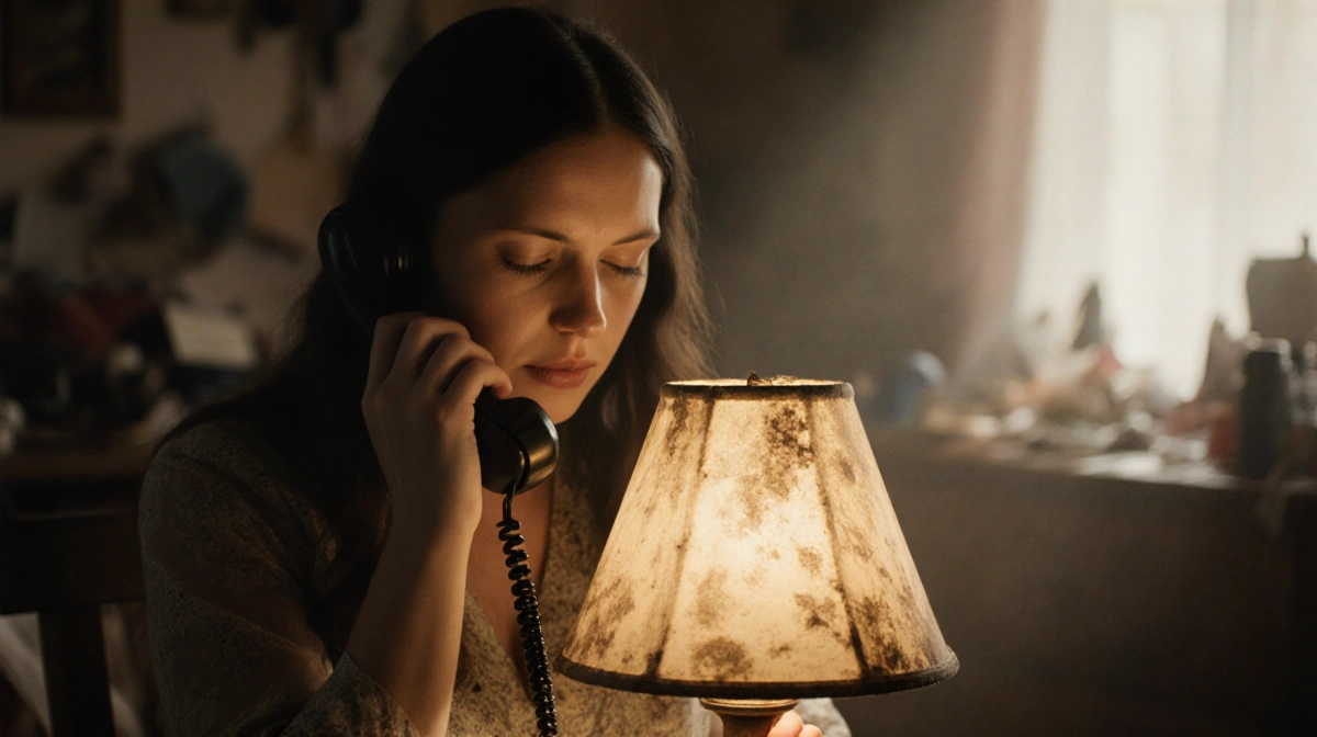 Woman cradling old glowing lamp with soft lighting and personal belongings visible in her living space