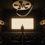 A lone figure stands at the center of the IMAX screen in a cinema with a suspended 70mm film reel hanging overhead and golden