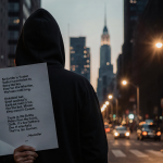 Lone protester in black hoodie holding sign with Niemöller quote amid warm streetlights and cool skyscrapers at dusk.