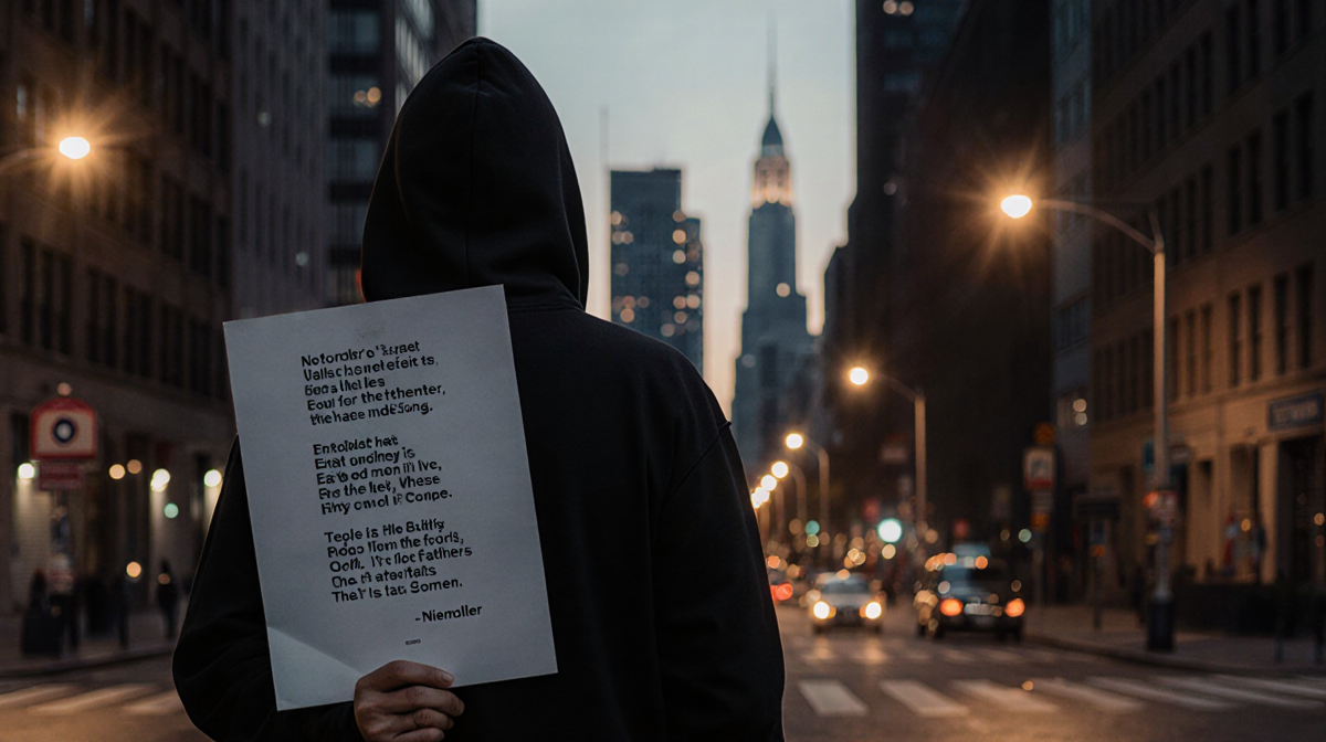 Lone protester in black hoodie holding sign with Niemöller quote amid warm streetlights and cool skyscrapers at dusk.