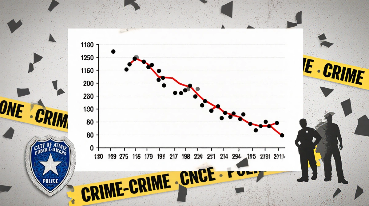 Graph declining homicide counts over recent years with a red line and police badge silhouettes near crime tape fragments