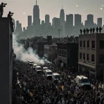 Protesters crowd a city street with police vans lined up and National Guard watching from rooftops