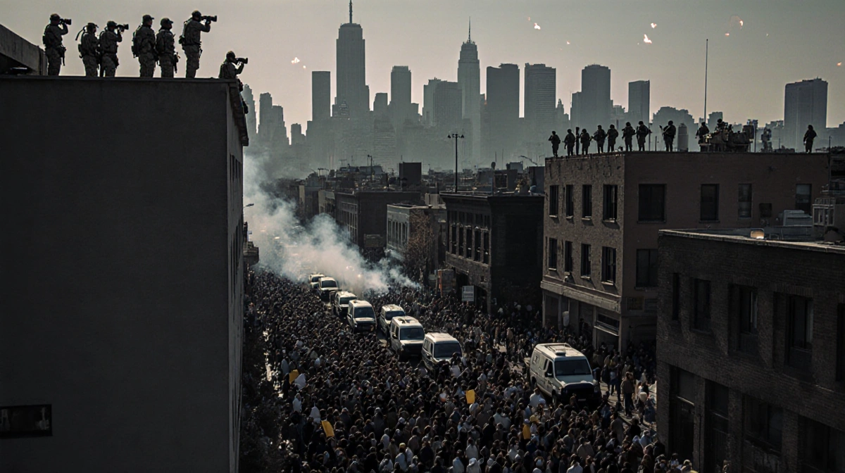 Protesters crowd a city street with police vans lined up and National Guard watching from rooftops