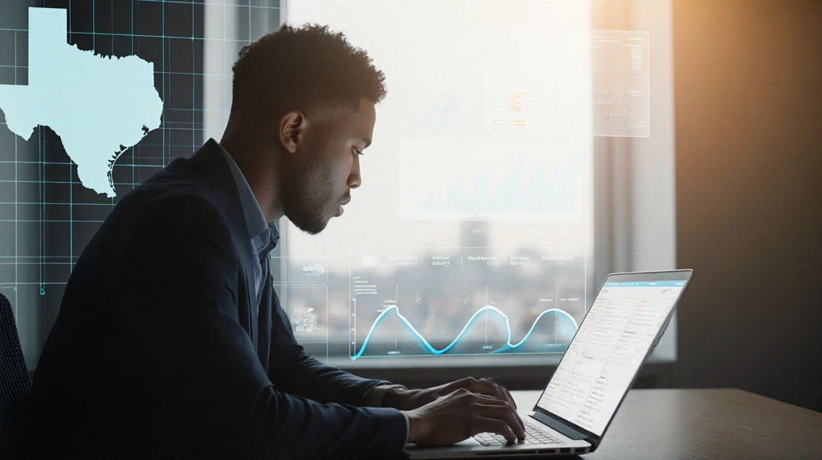Person reviewing data on laptop with natural light and a faint Texas map grid behind, AI dashboard visible.