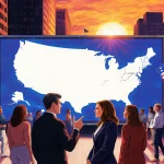 Crowded city street gathers around illuminated US map with vibrant sunset sky and diverse crowd featuring Newsom and Harris