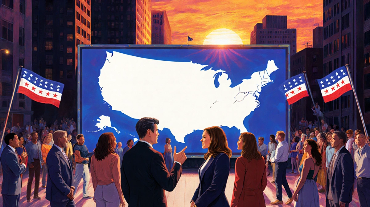 Crowded city street gathers around illuminated US map with vibrant sunset sky and diverse crowd featuring Newsom and Harris