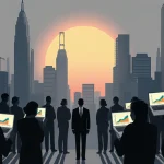 Lone business figure stands with glowing carbon footprint graphs while corporate crowd holds laptops at dusk cityscape