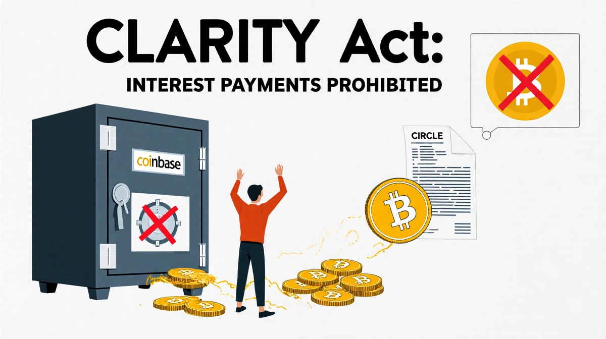 Deposits flowing into a vault with a forbidden sign as Coinbase surrenders and Circle holds a rejected contract with CLARITY