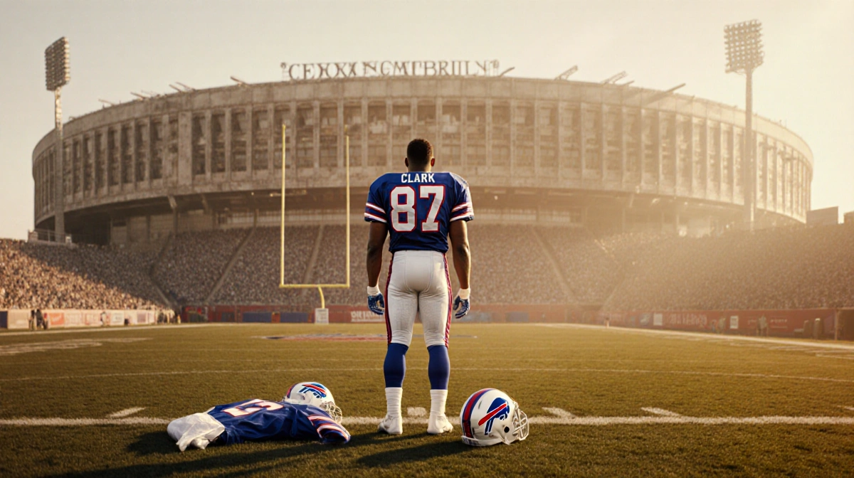 Clark stands alone with his jersey gazing upward toward the exterior of the Ralph Stadium evoking Buffalo Bills nostalgia.