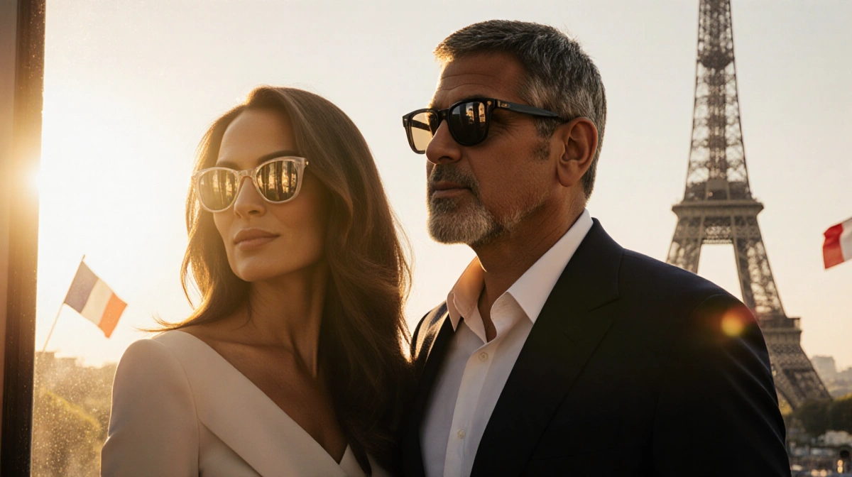 George and Amal Clooney looking at Eiffel Tower with golden light and French flags in background.