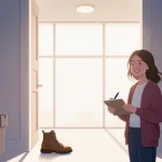 Female standing near shoe holding notebook and pen with bright natural light in a clutter‑free entryway.