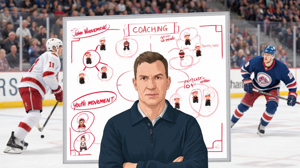 Coach John Wroblewski guiding hockey strategies with whiteboard and mixed-age players on blurred rink