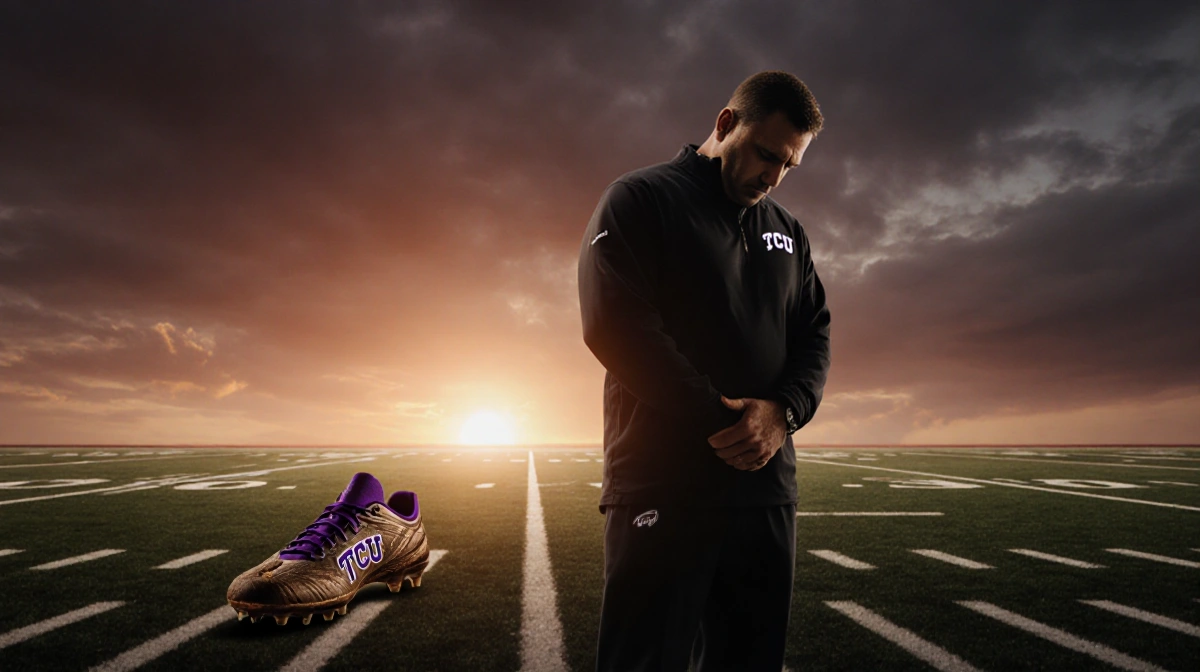 Coach Mario Cristobal standing on a football field at sunset gazing downward with worn cleat marked TCU near feet.