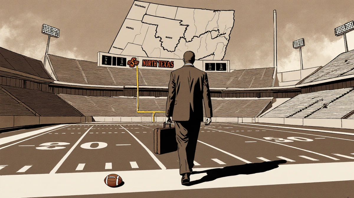 Football coach walking away from field with suitcase and football on ground looking back at stadium map of Oklahoma State beh