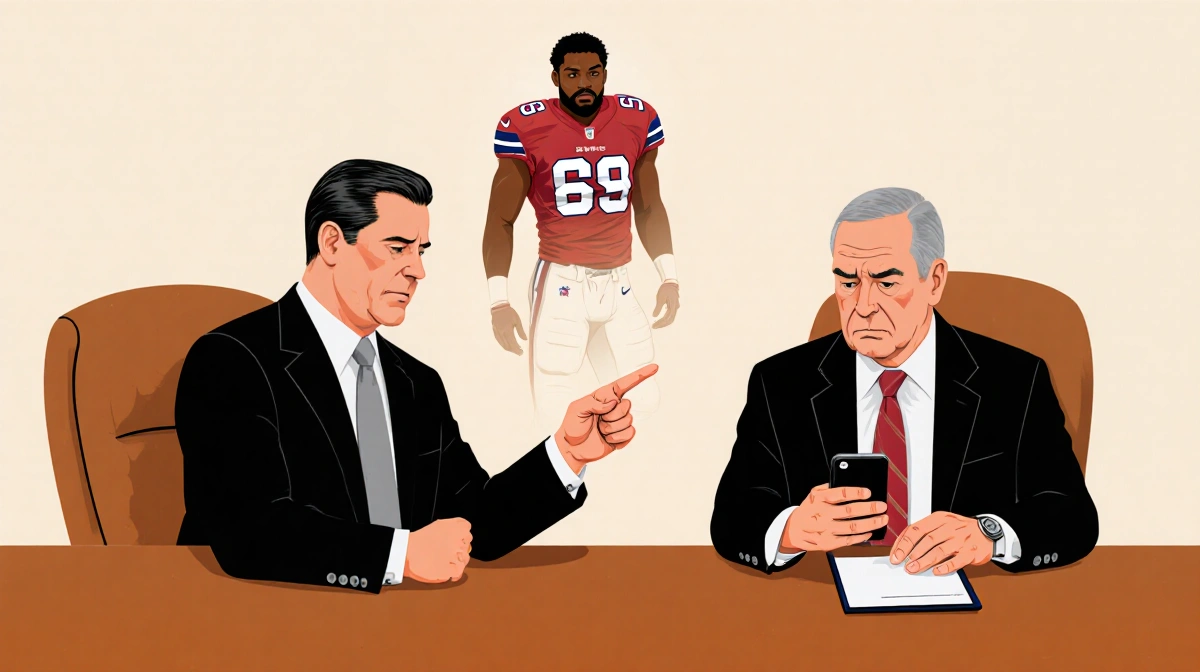 Coach Brian Schottenheimer points at a football player with Jerry Jones scrolling on his phone in uneasy tense.